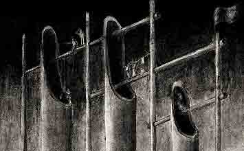 Illustration of a unique Indonesian musical instrument called 'angklung', drawn in M.C. Escher's style. A university project.